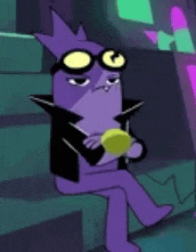 a purple cartoon character is sitting on a staircase wearing glasses and a jacket .