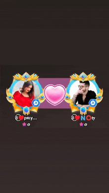 a man and a woman are standing next to each other with a heart between them