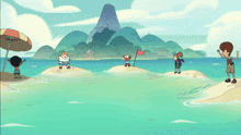 a group of kids are standing on small islands in the water