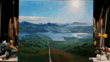 a painting of a lake with mountains in the background is being made by made in animotica