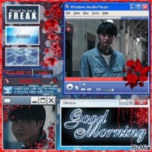 a windows media player screen with a picture of a man and the words " good morning "