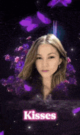 a woman is surrounded by purple flowers and butterflies and the word kisses is on the bottom right