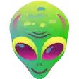 a green alien head with purple eyes and a smile on it 's face .