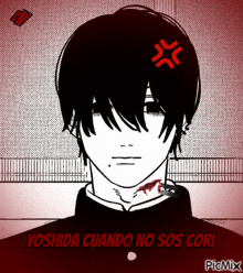 a black and white drawing of a boy with the words yoshida cuando no sos cori below him