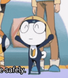 a cartoon character is standing in front of a blue couch with the words `` e safely '' written on the bottom .