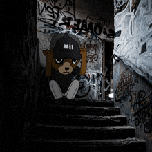 a cartoon of a teddy bear sitting on a set of stairs with graffiti on the wall behind him