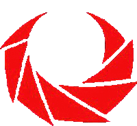 a red and white logo on a white background looks like a camera lens