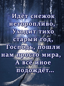 a poster with russian writing on it and a snowy forest in the background