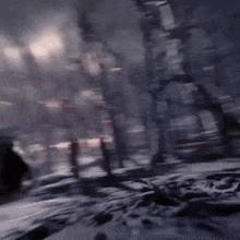 a blurry picture of a snowy forest with trees