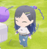 a cartoon girl with blue hair and a white shirt that says ' a ' on it