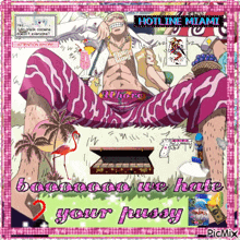 a picture of a man with a flamingo and the words " hotline miami " on top