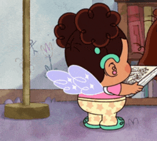 a cartoon of a girl with fairy wings holding a book