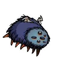 a cartoon drawing of a blue and orange spider with many eyes