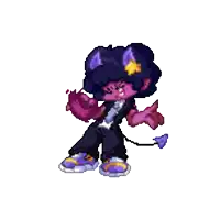 a pixel art of a cartoon character with purple hair and horns .