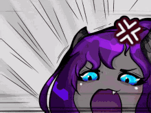a cartoon drawing of a girl with purple hair and blue eyes with an angry look on her face