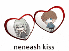 two hearts with a girl and a boy inside of them and the words neneash kiss below them