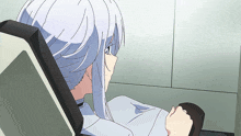 a girl with white hair sits in a chair