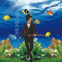a man in a top hat stands in front of a fish tank with twt offhandway written on the bottom right