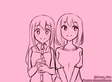 two anime girls are standing next to each other on a pink background with the words homura-chu.tumblr.com below them