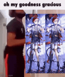 a man is standing in front of a picture that says oh my goodness gracious on it