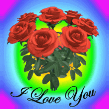 a bunch of red roses on a colorful background with the words i love you