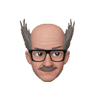 a bald man with glasses and a mustache has feathered ears