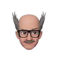 a bald man with glasses and a mustache has feathered ears