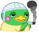 a green duck is smoking a cigarette and wearing a helmet .