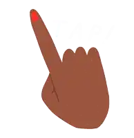 a brown hand with red nail polish pointing to the right