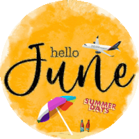 a yellow circle with the words hello june and a plane