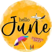 a yellow circle with the words hello june and a plane
