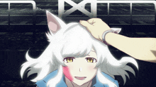 a person putting a cat ear on the head of a girl