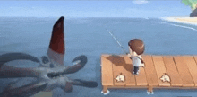a man is fishing on a dock with a giant squid in the background in animal crossing new horizons .