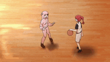 two anime girls playing basketball on a court