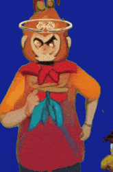 a cartoon character with a ring around his head is standing in front of a blue background