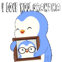 a blue penguin is holding a picture of a penguin with glasses