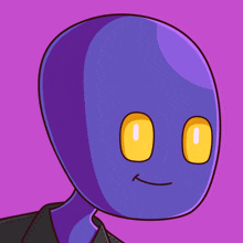 a purple cartoon character with yellow eyes and a black jacket