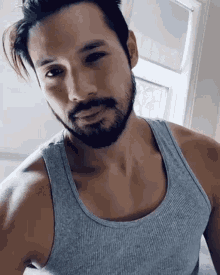 a man with a beard is wearing a gray tank top and looking at the camera .