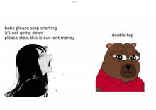 a cartoon of a woman crying next to a cartoon of a bear with double top written below it