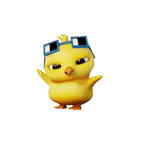 a yellow cartoon chicken wearing sunglasses and a hat