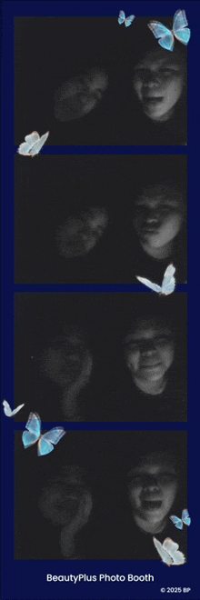 a black and white photo booth with blue butterflies on it
