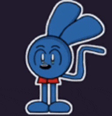 a cartoon drawing of a blue bunny with a red bow tie on a black background .