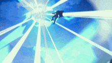 a person is flying through a blue sky with rays coming out of it