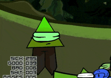 a cartoon character with a green triangle on his head has a score of sick 235