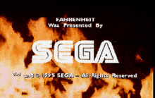 the sega logo is displayed in front of a burning background