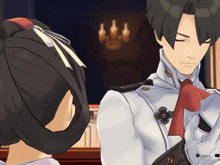 a screenshot of a video game shows a man and a woman talking