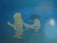 a painting of a man and a woman swimming in the water