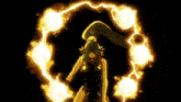 a cartoon character is surrounded by a circle of flames