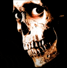 a close up of a skull with a red eye and teeth