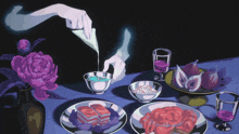 a painting of a hand pouring something into a bowl